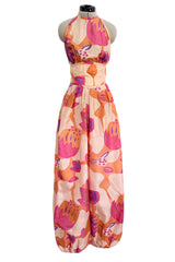 Spring 1981 Bill Tice Deco Pattern Printed Tissue Silk Backless Jumpsuit w Balloon Pouf Legs