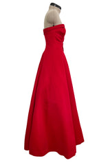 Prettiest 1980s Victor Costa Clear Red Strapless Dress w Full Skirt & Underskirts & Large Rhinestone Dome Buttons