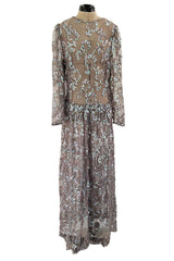Prettiest 1970s Unlabeled Pale Grey Lace & Blue Grey Glossy Sequin Drop Waist Dress