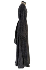 Fabulous 1970s Ossie Clark Metallic Silver & Black Lurex Knit Lame Plunge Dress