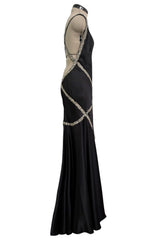 Outstanding Fall 2004 Alexander McQueen Bias Cut Black Silk Dress w Bare Back & Silver Thread Ribbon Detailing