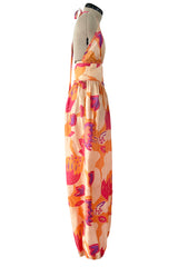 Amazing Late 1970s Bill Tice Printed Tissue Silk Backless Jumpsuit w Balloon Pouf Legs