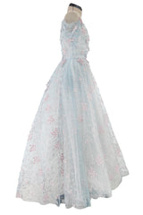 Dreamy Luisa Beccaria Pale Turquoise Net Off Shoulder Dress w Pink & Gold Embroidery