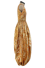 Incredible 1960s Unlabeled Gold Metallic Brocade Pouf Leg Jumpsuit w Gold Cord & Bead Detailing