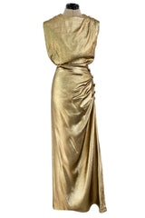 Iconic Fall 1991 Yves Saint Laurent Runway Slinky Gold Lame Dress w Gold Button Details