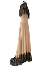 Spectacular Fall 1988 John Anthony Bias Cut Taupe Silk Chiffon Wrap Dress w Hand Made Lace Detailing