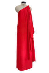 Dreamy 1978 Halston IV Red East-to-Wear Jersey One Shoulder Draped Dress w Side Slit