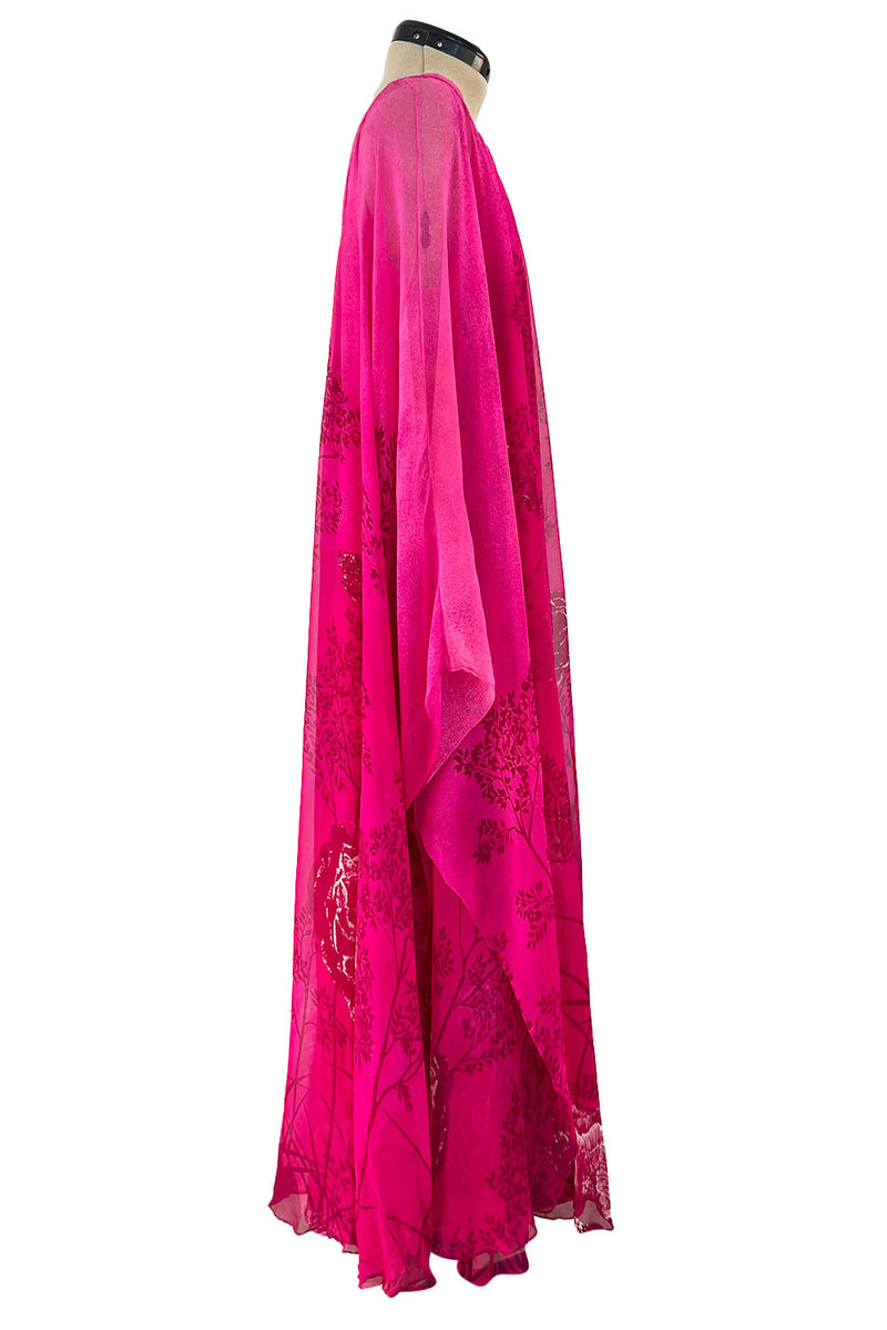 Dreamy 1970s Hanae Mori Pink Layered Bias Cut Silk Chiffon Caftan Dress w Floral Print