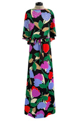 Prettiest 1970s Mr Blackwell Custom Black Jersey Dress w Bright Print & Sequin Detailing