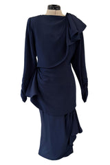 Elegant Spring 1989 Nina Ricci by Gerard Pipart Haute Couture Runway Deep Blue Silk Dress