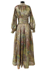 Gorgeous 1960s Unlabeled Gold Lurex Metallic Dress w Floral Print & Full Sleeves