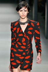 Iconic Spring 2014 Saint Laurent by Heidi Slimane Black & Red Lip Print Silk Wrap Dress