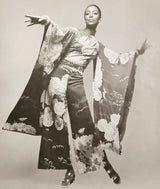 Dreamy c. 1969 Hanae Mori Couture Printed Silk Chiffon Jumpsuit w Floor Length Angel Sleeves