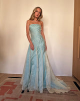 Superb Fall 2005 Richard Tyler Version of Runway Strapless Pale Blue & Ivory Silk Organza Dress