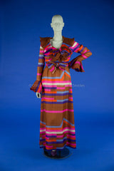 Spectacular 1968 Bill Blass Bright Striped Silk Organza Dress w Original Bow Belt & Bell Sleeves
