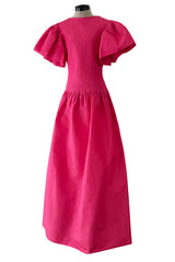 Prettiest 1980s Pierre Cardin Bright Pink Dress w Puff Sleeves & Flat Pleating