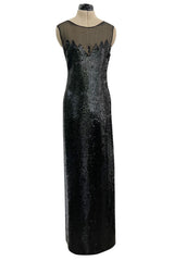 1973 Loris Azzaro Couture Black Flame Sequin Detailing & Feather Light Silk Chiffon Dress