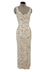 Amazing 1950s Mde. Etoile Ivory Silk Heavily Hand Beaded Demi Couture Dress w Scoop Back
