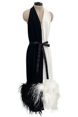1960s Harold Levine Glamorous High Contrast Black & White Dress w Feather Hem