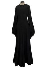 Exceptional 1970s George Stavropoulos Couture Black Silk & Bias Cut Dress w Balloon Sleeves & Flowing Skirt