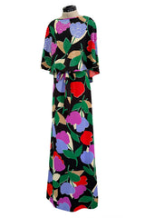 Prettiest 1970s Mr Blackwell Custom Black Jersey Dress w Bright Print & Sequin Detailing