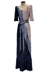 1980s Mary McFadden Couture Blue & Deep Dusky Pink Pleated Dress w Extra Long Braided Belt