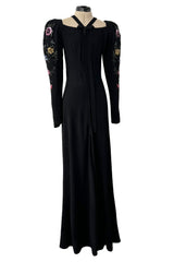 Prettiest 1920s Hickson Inc. Black Moss Crepe Dress w Tie Neck & Hand Sequinned Sleeves