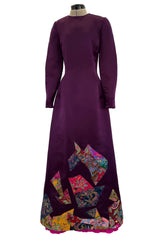 Fall 2002 Oscar de la Renta Runway Look 50 Deep Purple Silk Dress w Hand Applied Patchwork