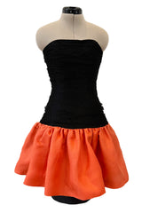 Spring 1987 Yves Saint Laurent Runway Strapless Dotted Net Mini Dress w Coral Skirt