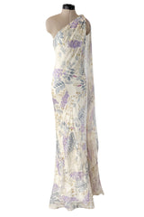 Gorgeous Fall 2003 Ungaro by Giambattista Valli One Shoulder Printed Silk Chiffon Dress w Trailing Panel