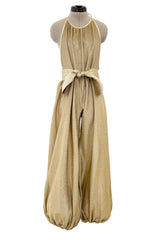 1981 Bill Tice Gold Metallic Backless Jumpsuit w Wide Balloon Legs