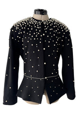 Incredible 1980s Givenchy Black Crepe Jacket w Pearl & Rhinestone Applique