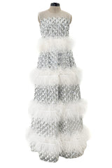 Fantastic Fall 2019 Huishan Zhang Silver Sequin on White Net & Organza Dress w Feather Detailing