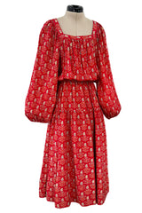Prettiest 1970s Hanae Mori Red Print Light Silk Dress w Full Balloon Sleeves & Tiered Skirt