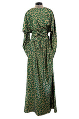 Incredible Fall 1979 Halston Runway Feather Light Green & Metallic Gold Lurex Dress w Original Belt