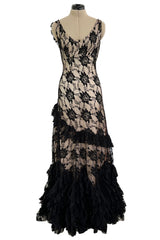Gorgeous 2010s John Galliano Spanish Influnced Tiered & Ruffled Black Lace Bias Cut Dress
