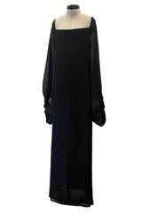Exquisite 1978 Pierre Cardin Haute Couture Black Silk Chiffon Dress w Huge Balloon Sleeves