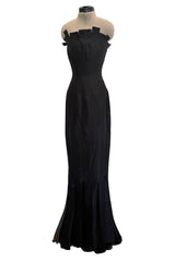 Fantastic c.1983 Thierry Mugler Black Raw Silk Vertical Panel Dress w Car Wash Hem & Silk Chiffon