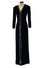 Fall 1998 Yves Saint Laurent Runway Black Velvet Dress w Elaborate Black Sequin Detailing