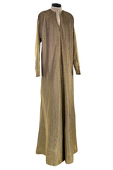 Wonderful 1970s Halston Metallic Gold Lame Lurex Full Length Caftan Dress w Notched Neckline