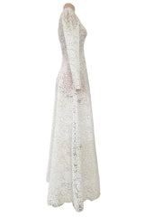Heirloom Level Exquisite 1950s Handmade Couture White Lace Wedding Dress w a Matching Veil