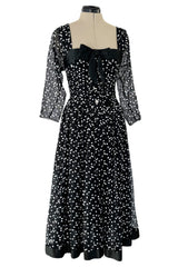 Prettiest Fall 1979 Christian Dior by Marc Bohan Black Silk Lace Net Dress w White Sequins & Bows
