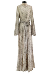 Exceptional 1970s George Stavropoulos Couture Bias Cut Grey Ribbon Silk Chiffon Dress w Sash