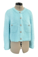 Fall 2019 Chanel by Karl Lagerfeld Pastel Baby Blue Knit Jacket w Handmade Snowflake Buttons
