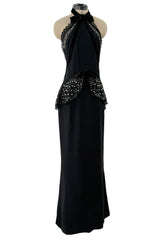 Phenomenal 1997 Christian Lacroix Black Silk Halter Dress w Rhinestone & Velvet Detailing