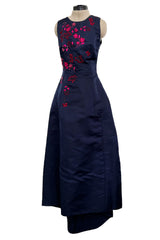 c2014 Christian Dior by Raf Simons Blue Silk Faille Dress w Pink Floral Embroidery & Beads