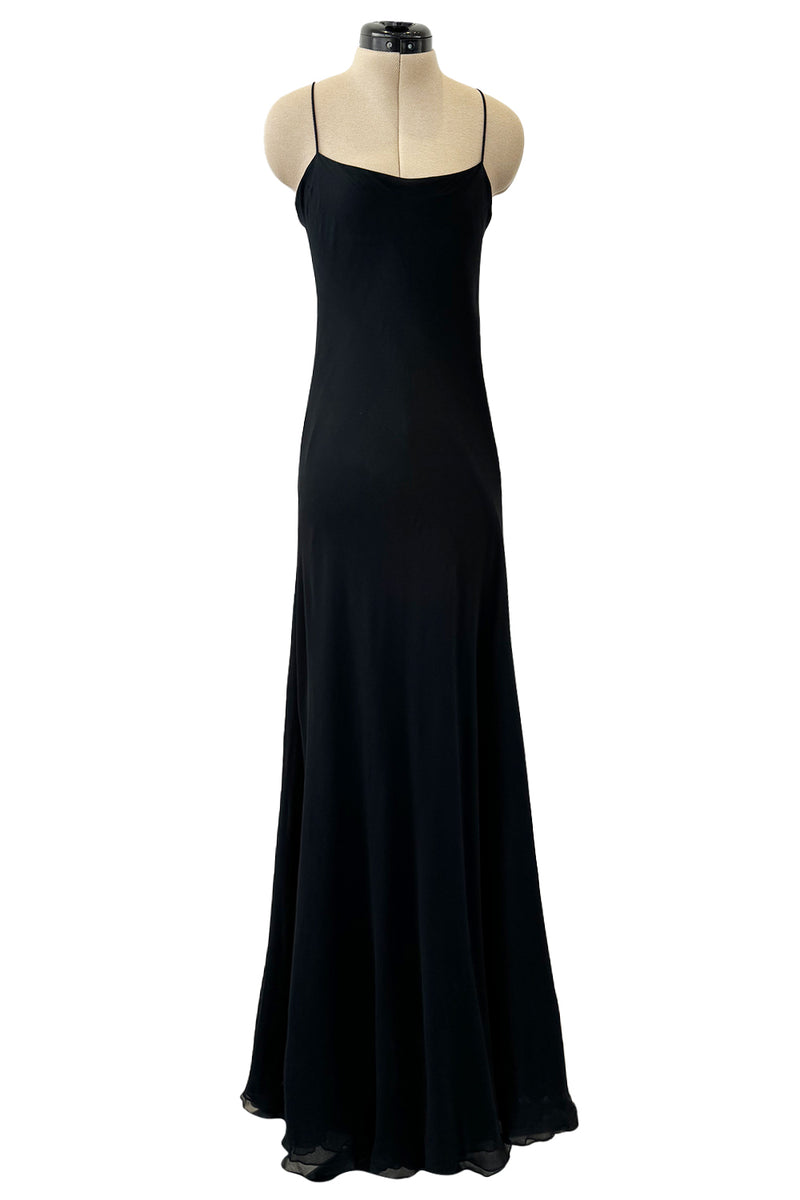 Exceptional 1970s George Stavropoulos Perfectly Minimalist Bias Cut Black Silk Chiffon Dress