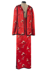 Fabulous 1970s Bill Gibb Red Woven Floral Print Silk Jacket w Matching High Slit Skirt