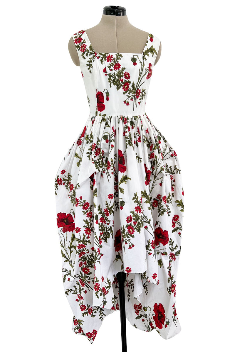 Pretty Spring 2019 Alexander McQueen by Sarah Burton Crisp White Cotton & Red Floral Print Dress