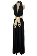 Documented 1981 Bill Tice Plunge Front Black & Gold Nylon Jersey Backless Halter Dress